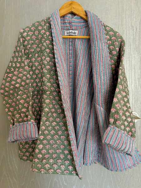 Green with Pink Flowers Cotton Wrap Reversible Jacket