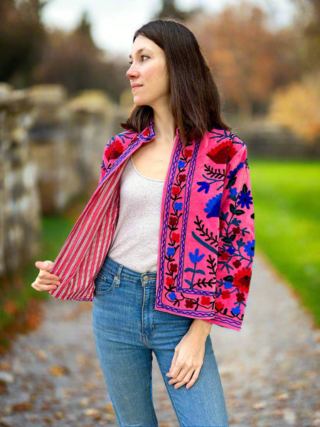 Pink and Blue Velvet Embroidered Jacket