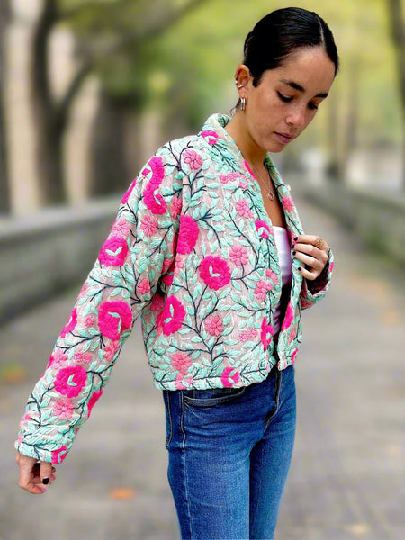 Mint Green with Pink Flowers Crop Bohemian Jacket