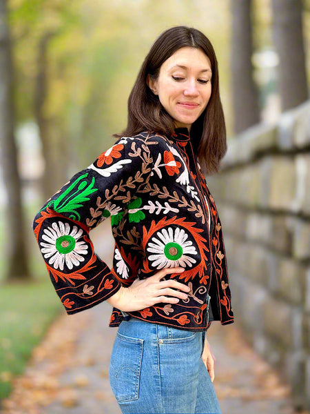 Black with Orange and Green Velvet Embroidered Jacket