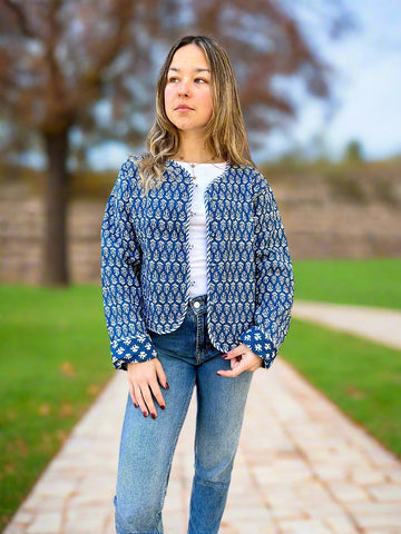 Blue and White Motif Print Cotton Short Reversible Jacket