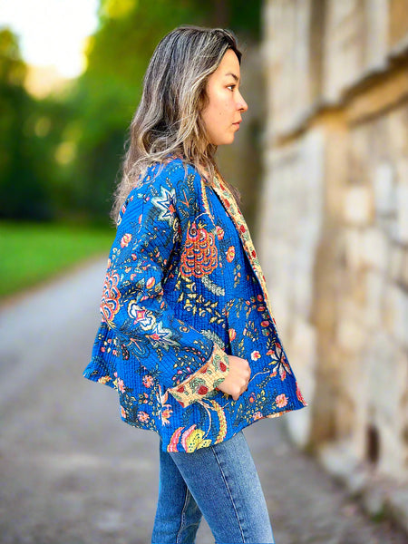 Blue Botanical with Mustard Print Cotton Wrap Reversible Jacket