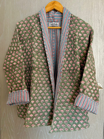 Green with Pink Flowers Cotton Wrap Reversible Jacket