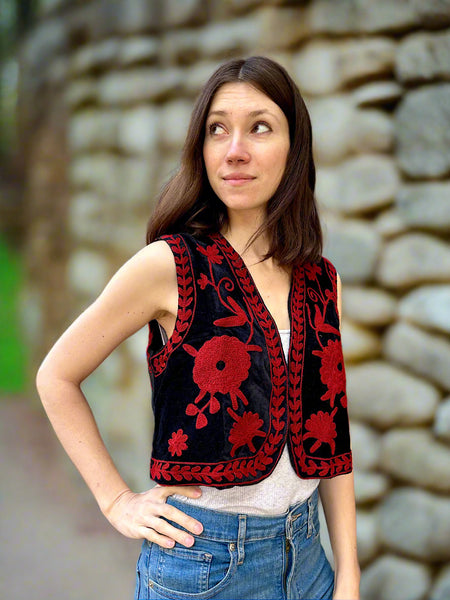 Black and Red Velvet Embroidered Vest