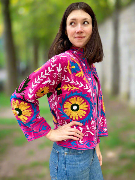 Pink With Blue and Yellow Velvet Embroidered Jacket