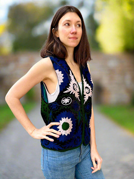 Black with Blue and White Velvet Embroidered Vest