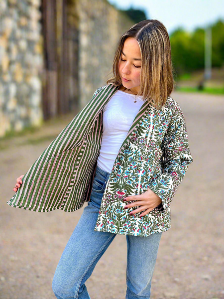 Green Botanical Print Cotton Wrap Reversible Jacket