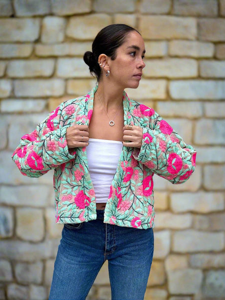 Mint Green with Pink Flowers Crop Bohemian Jacket