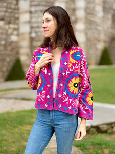 Pink With Blue and Yellow Velvet Embroidered Jacket