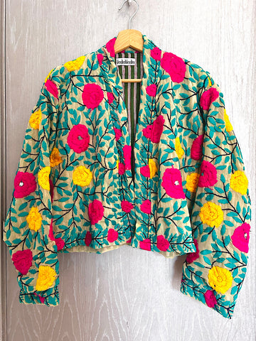 Green with Red and Yellow Flowers Crop Bohemian Jacket