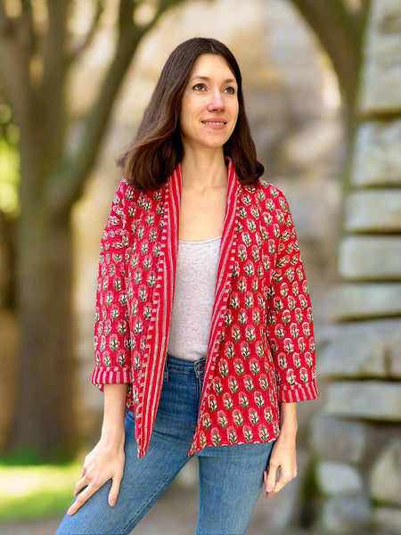 Red Floral Print Cotton Wrap Reversible Jacket