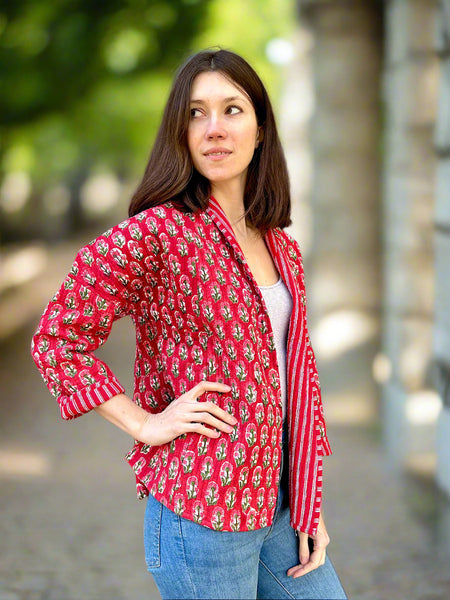 Red Floral Print Cotton Wrap Reversible Jacket