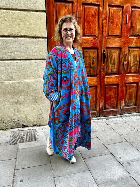 Blue Mandala Print Long Velvet Jacket