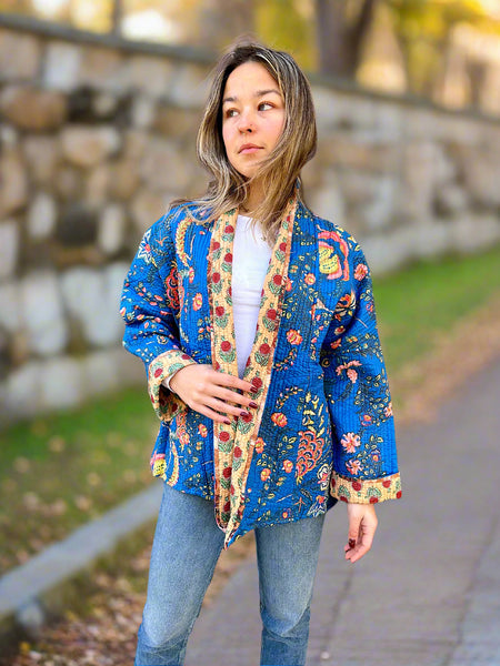 Blue Botanical with Mustard Print Cotton Wrap Reversible Jacket