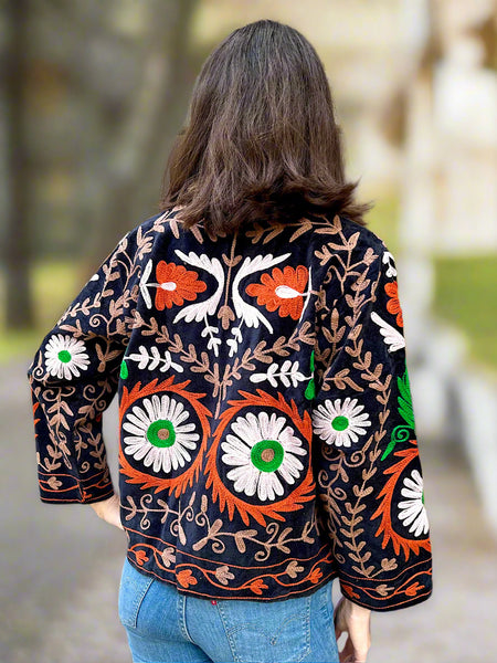 Black with Orange and Green Velvet Embroidered Jacket