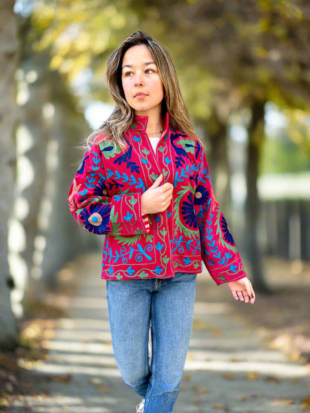 Red With Blue and Green Velvet Embroidered Jacket