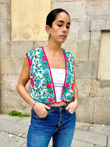 Pink and Blue Flowers Crop Bohemian Jacket