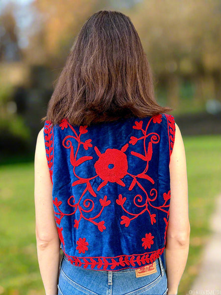 Blue and Red Velvet Embroidered Vest