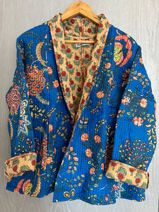 Blue Botanical with Mustard Cotton Wrap Reversible Jacket