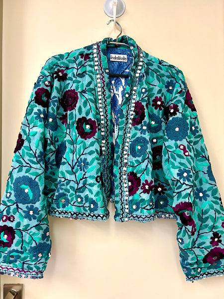 Sea Green with Purple and Grey Flowers Crop Bohemian Jacket