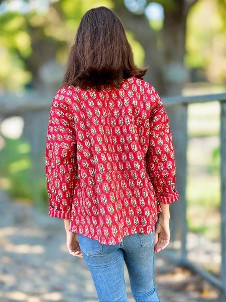 Red Floral Print Cotton Wrap Reversible Jacket