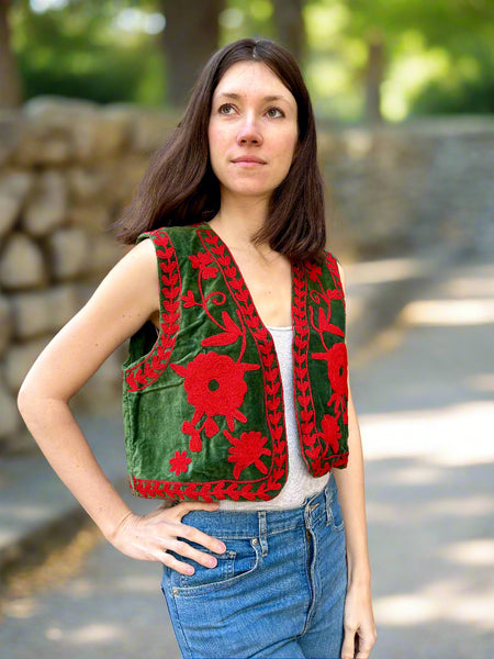 Green and Red Velvet Embroidered Vest