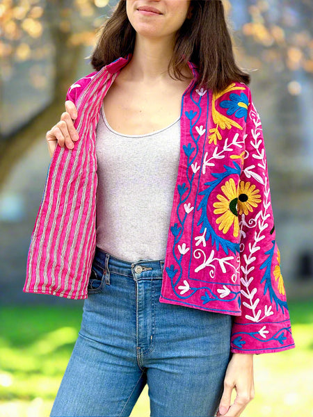 Pink With Blue and Yellow Velvet Embroidered Jacket