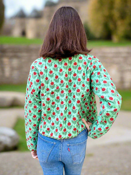 Green Floral Motif Print Cotton Short Reversible Jacket