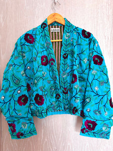 Blue with Magents Flowers Crop Bohemian Jacket