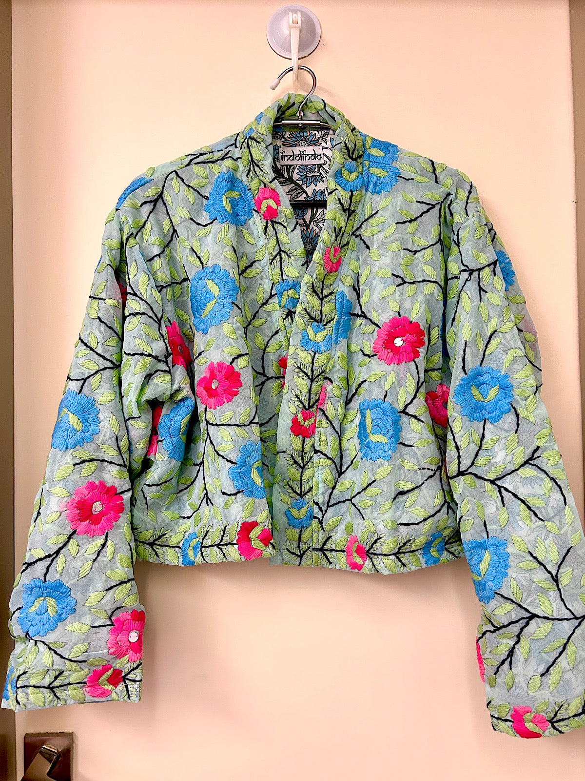 Ice Blue with Blue and Pink Flowers Crop Bohemian Jacket