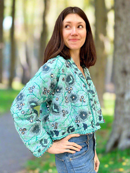 Sea Green with Grey Flowers Crop Bohemian Jacket