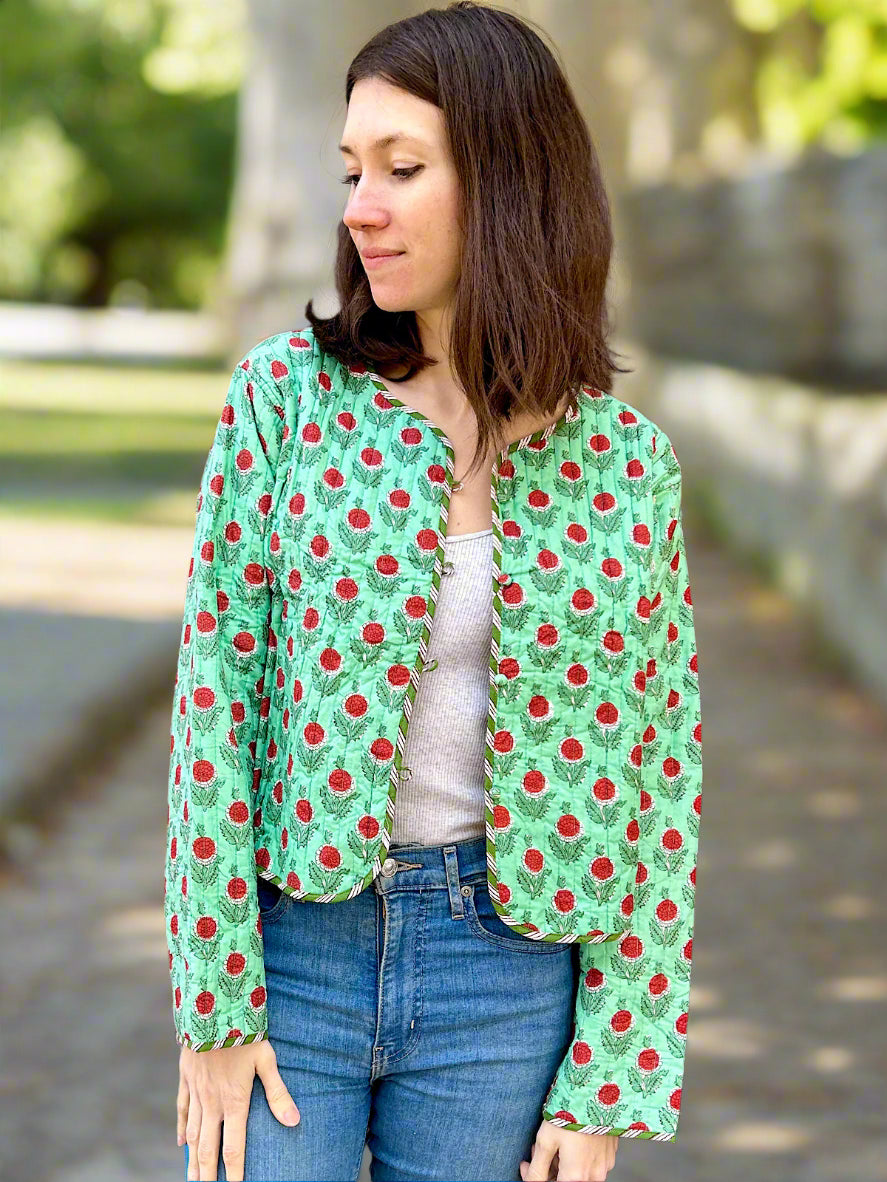 Green Floral Motif Print Cotton Short Reversible Jacket