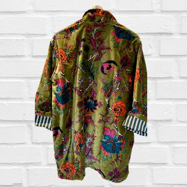 Olive Green Botanical Print Velvet Jacket