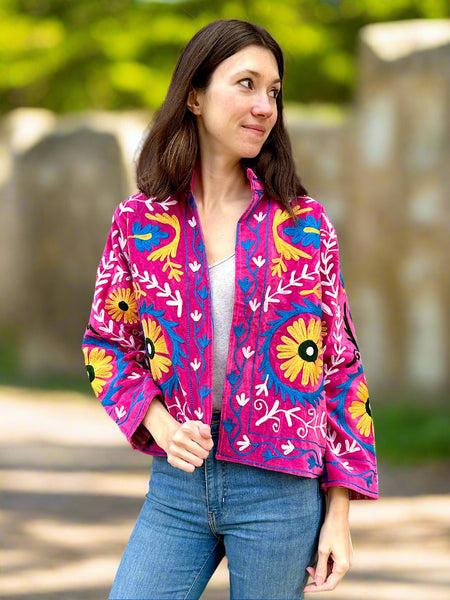 Pink With Blue and Yellow Velvet Embroidered Jacket