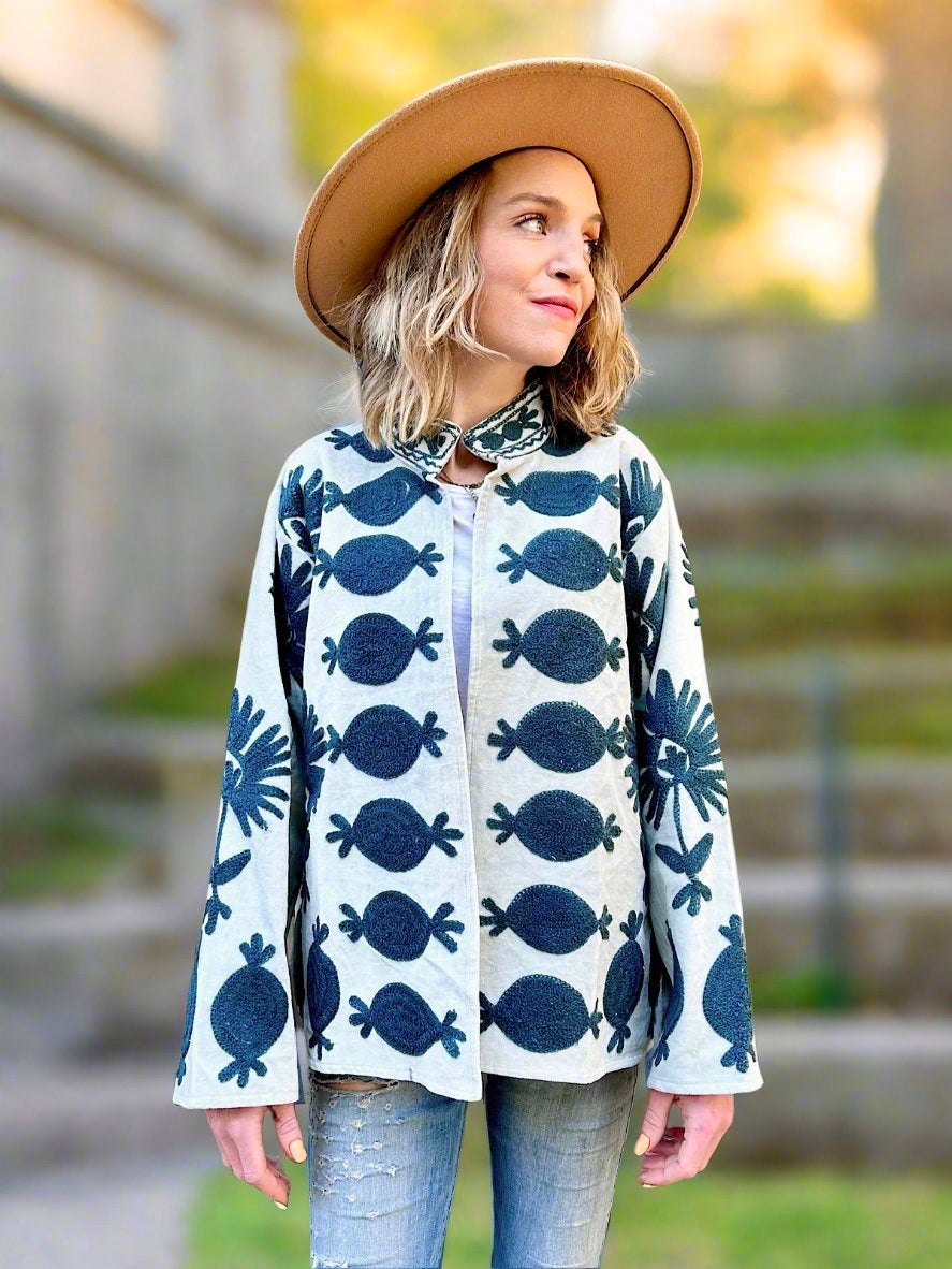 White with Grey Velvet Embroidered Jacket