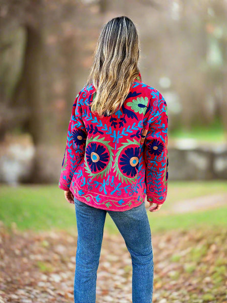 Red With Blue and Green Velvet Embroidered Jacket