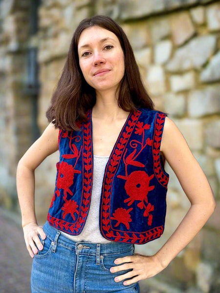 Blue and Red Velvet Embroidered Vest