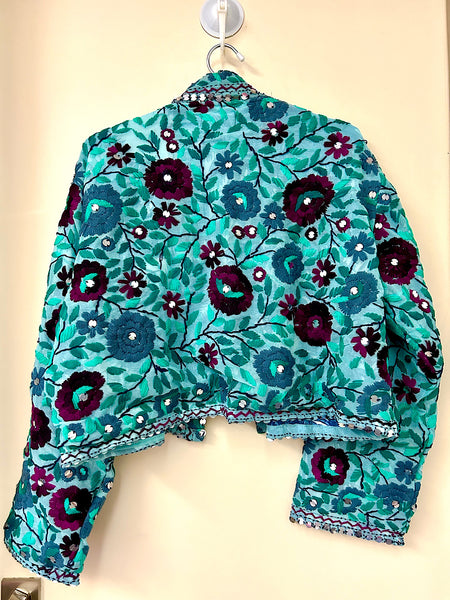 Sea Green with Purple and Grey Flowers Crop Bohemian Jacket