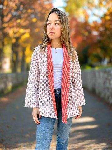 Orange Tiny floral Motif Print Cotton Wrap Reversible Jacket