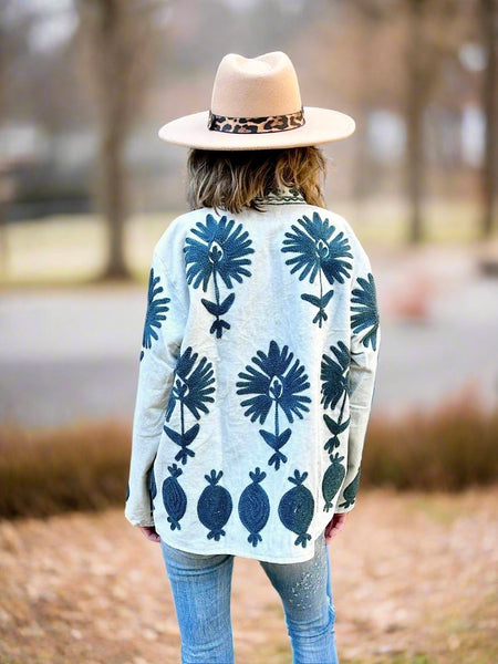 White with Grey Velvet Embroidered Jacket