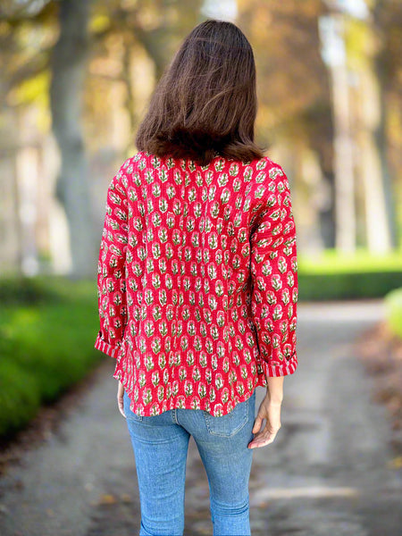 Red Floral Print Cotton Wrap Reversible Jacket