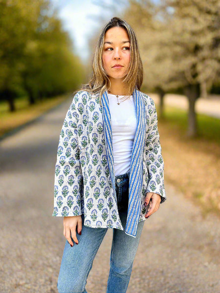 Grey Floral Motif Print Cotton Wrap Reversible Jacket