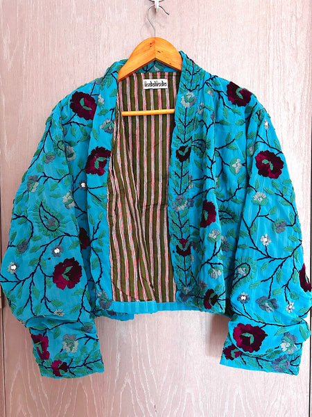 Blue with Magents Flowers Crop Bohemian Jacket