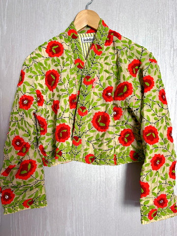 Cream with Red Flowers Crop Bohemian Jacket