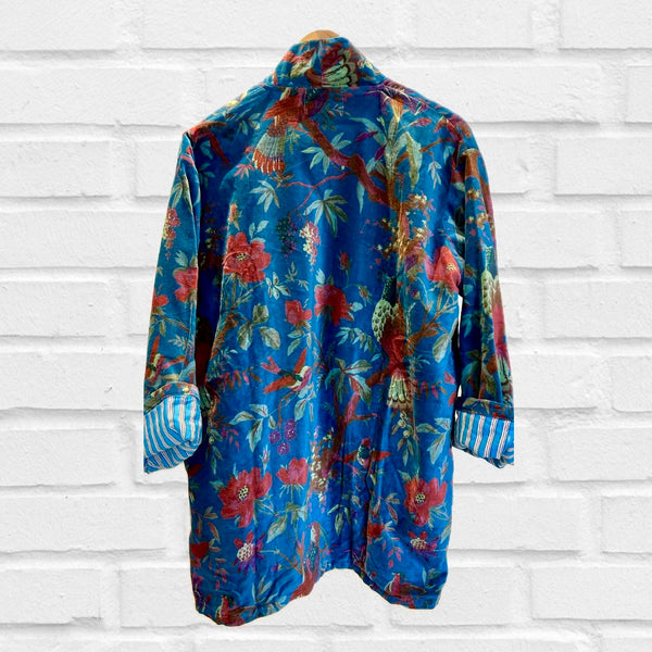 Blue Birds and Flowers Print Velvet Jacket