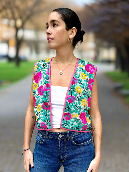 Pink and Yellow Flowers Crop Bohemian Jacket