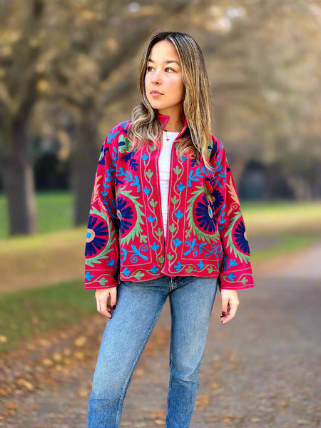 Red With Blue and Green Velvet Embroidered Jacket