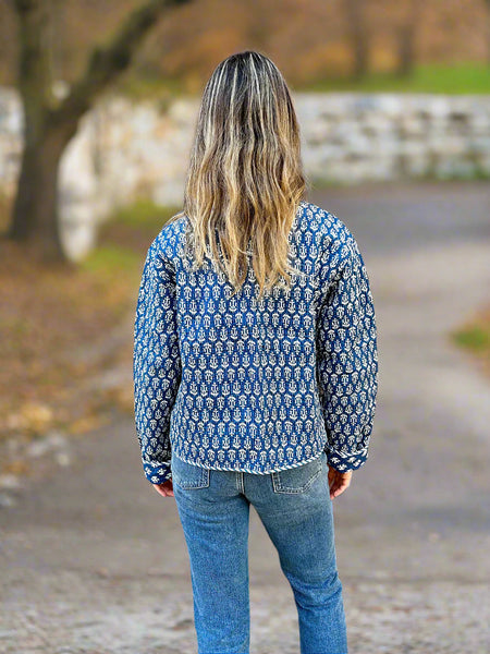 Blue and White Motif Print Cotton Short Reversible Jacket