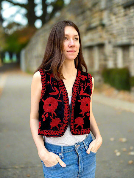 Black and Red Velvet Embroidered Vest