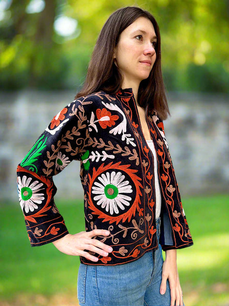 Black with Orange and Green Velvet Embroidered Jacket